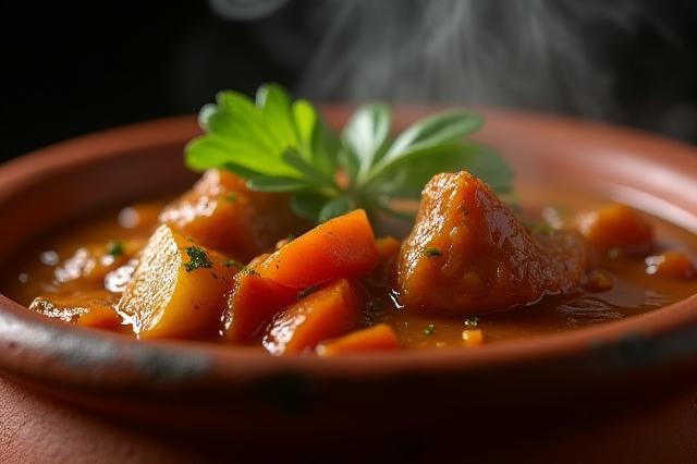 Closeup ng kumukulong adobo sa loob ng isang luwad na palayok, naglalabas ng singaw at aroma. Makikita ang mga sangkap tulad ng karne, bawang, at toyo, na nagpapakita ng malalim na kulay.