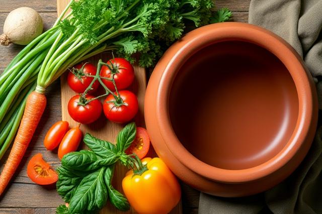 Isang mangkok ng sariwa, makulay na gulay na inihanda para sa pagluluto sa isang clay pot. Ang mga gulay ay mukhang malutong at masustansya, na may kaunting tubig sa background.
