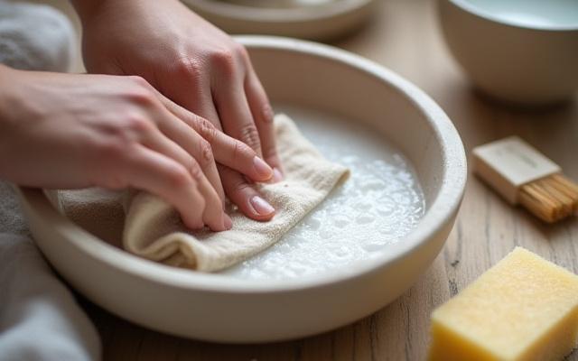 Detalyadong larawan ng isang stoneware dish na may pangangalaga.