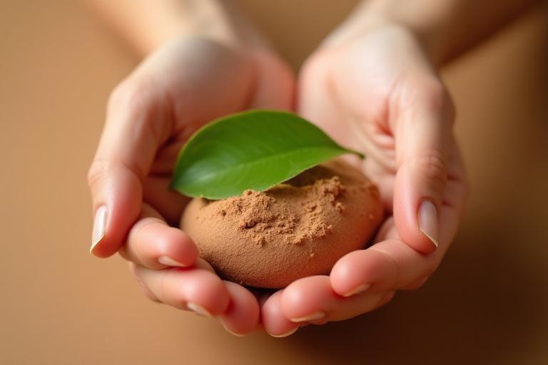 Kamay na humahawak ng malinis na luwad na may berdeng dahon, sumasagisag sa organikong pamumuhay at kalusugan.