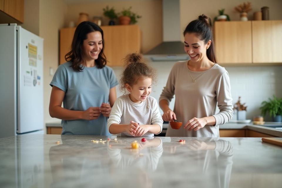 Pamilya na nagluluto sa isang kusina na may granite countertop, nagpapakita ng aktibong pamumuhay.