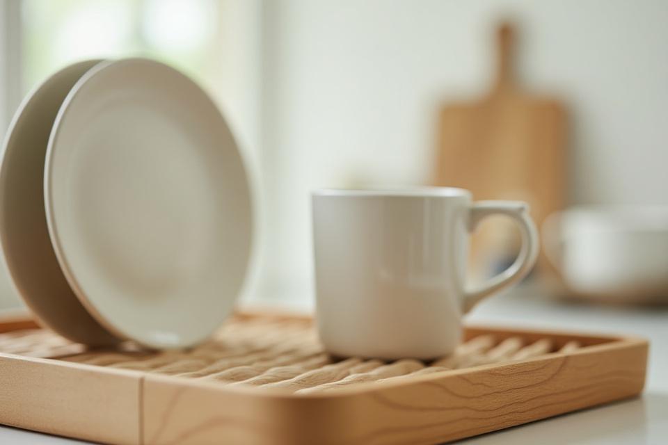 A clean, glazed stoneware mug drying on a dish rack, with soft light emphasizing its smooth finish.
