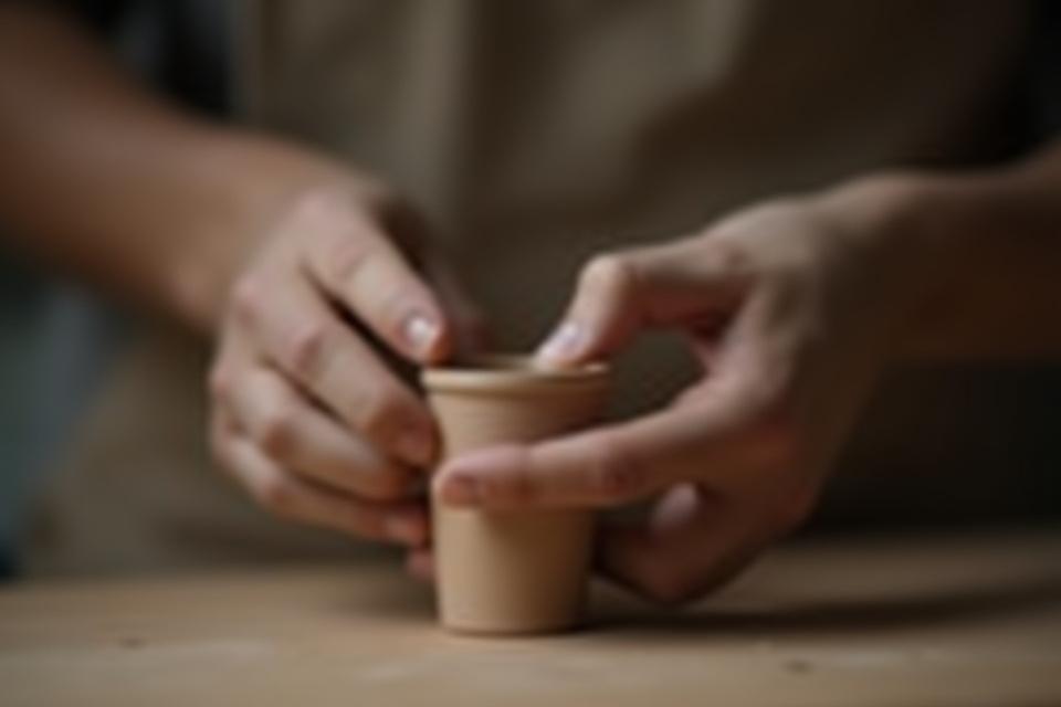 A skilled artisan carefully handling a piece of unglazed stoneware, emphasizing craftsmanship and care.